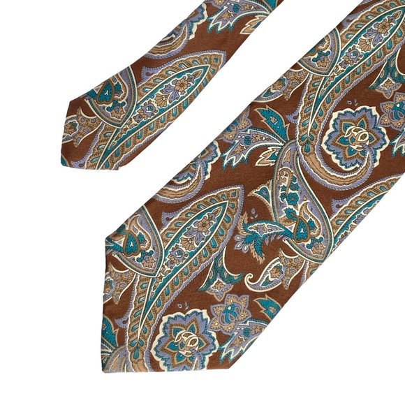 Van Heusen Classic Collection Paisley Mens Brown Beige Teal Silk Necktie 60in - Picture 1 of 8